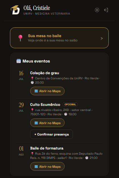 Tela da área do formando no sistema da Durigon, com agenda, parcelas e ingresso